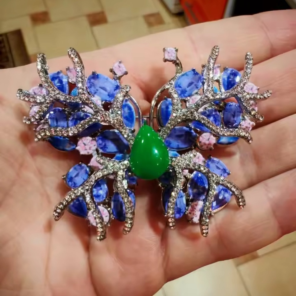 Whimsical Butterfly Blue Green Gem Brooch